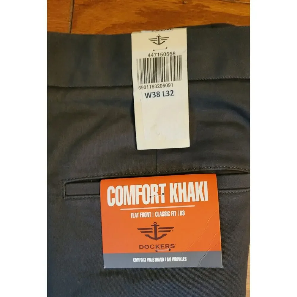 NWT Dockers Pants Mens Gray Flat Front Classic Fit Casual Size W38xL32